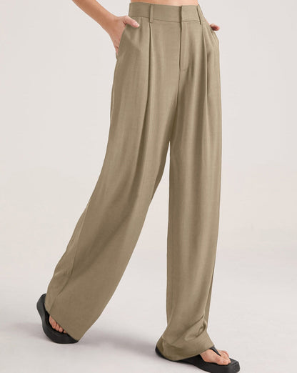 Oversized High Waisted Pleat Front Trousers Khaki