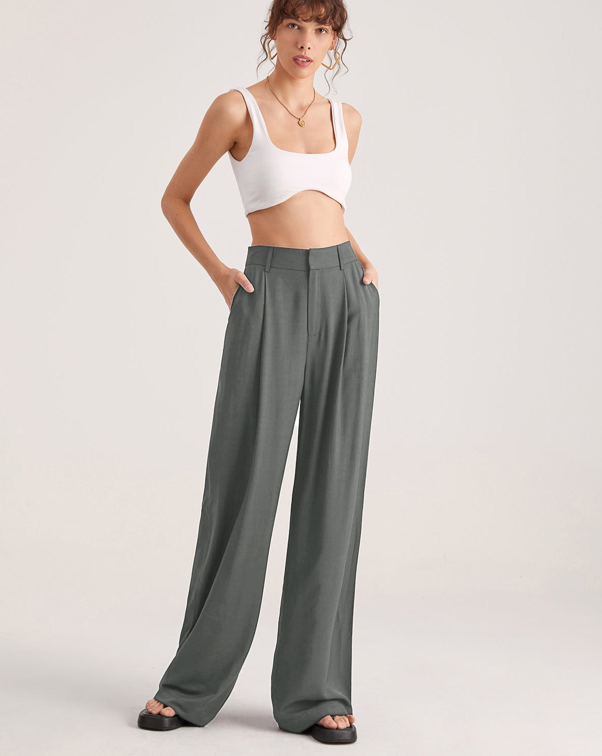 Oversized High Waisted Pleat Front Trousers Grey