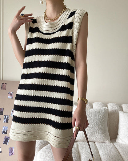 Eyelet Stripe Knit Short Dress