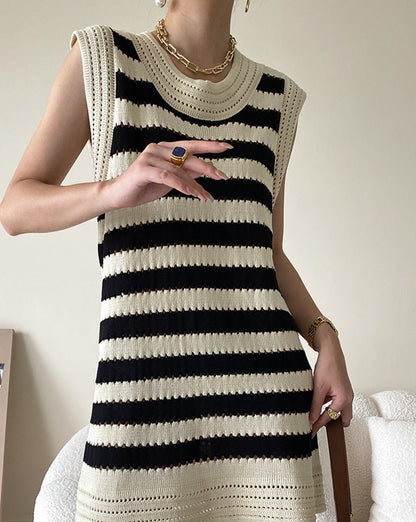 Eyelet Stripe Knit Short Dress