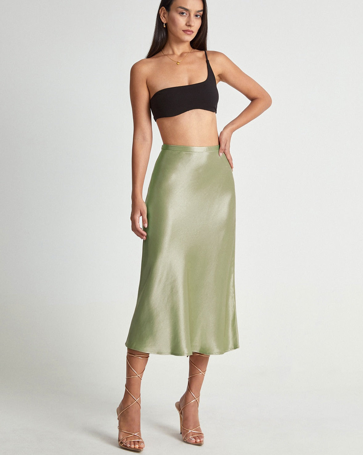 High Waisted Satin Flowy Midi Skirt Green