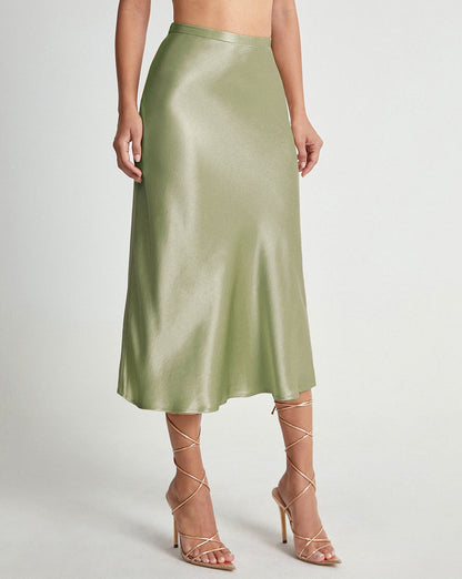 High Waisted Satin Flowy Midi Skirt