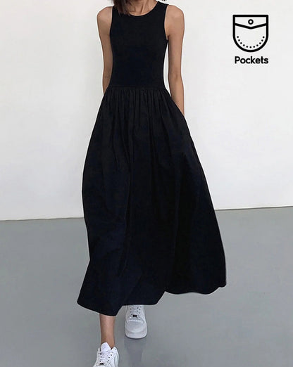 Leisure Crew Neck Long Dress Black