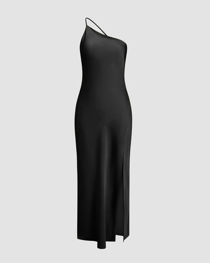 Moonlight Open Back Satin Slit Long Dress Black