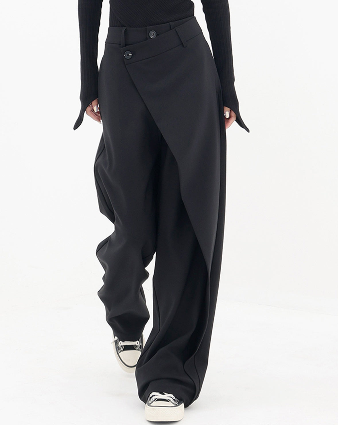 Asymmetrical Layer Button Wide Leg Dress Pants Black