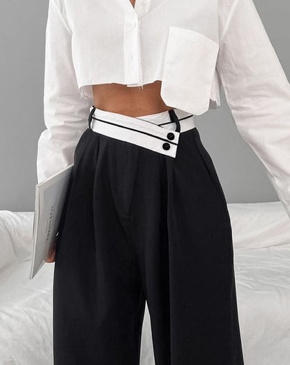 Asymmetrical Contrast Waistband Wide Leg Dress Pants