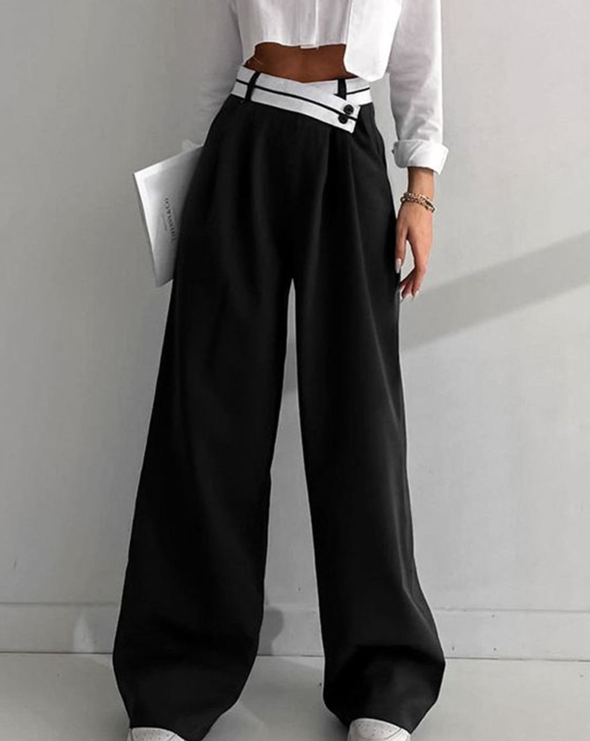 Asymmetrical Contrast Waistband Wide Leg Dress Pants Black