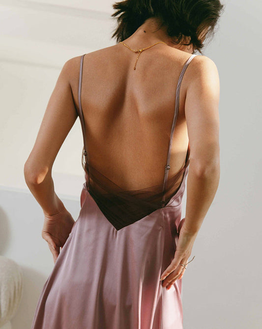 Open Back Satin Long Dress Purple