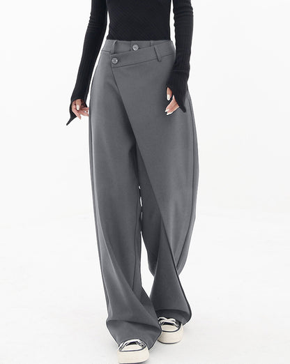 Asymmetrical Layer Button Wide Leg Dress Pants Grey