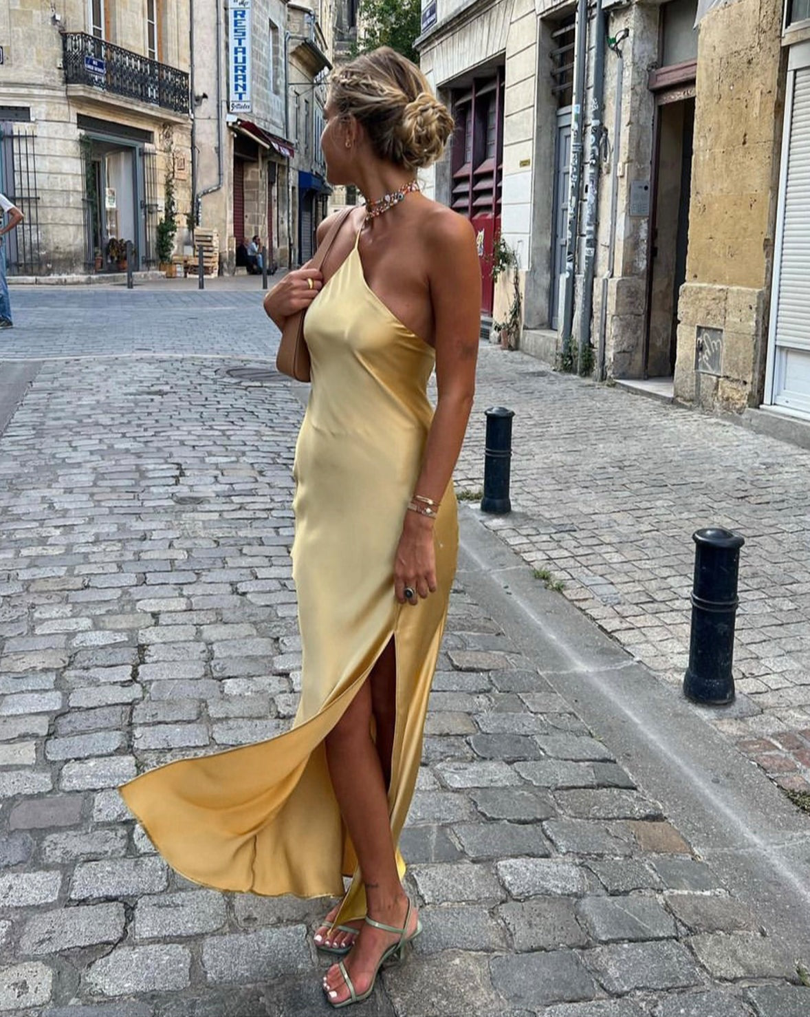 Moonlight Open Back Satin Slit Long Dress Yellow