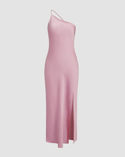 Moonlight Open Back Satin Slit Long Dress Pink