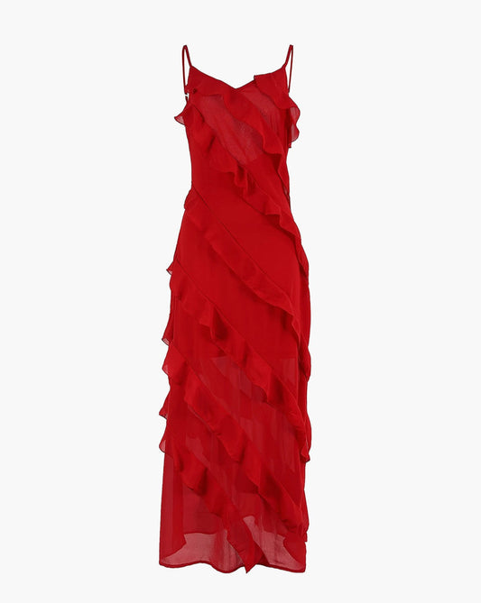 Ladder Ruffle Zippered Long Dress Red