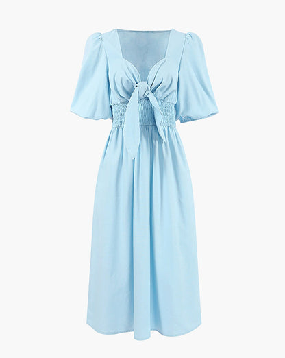 Linen Cotton Front Tie Midi Dress