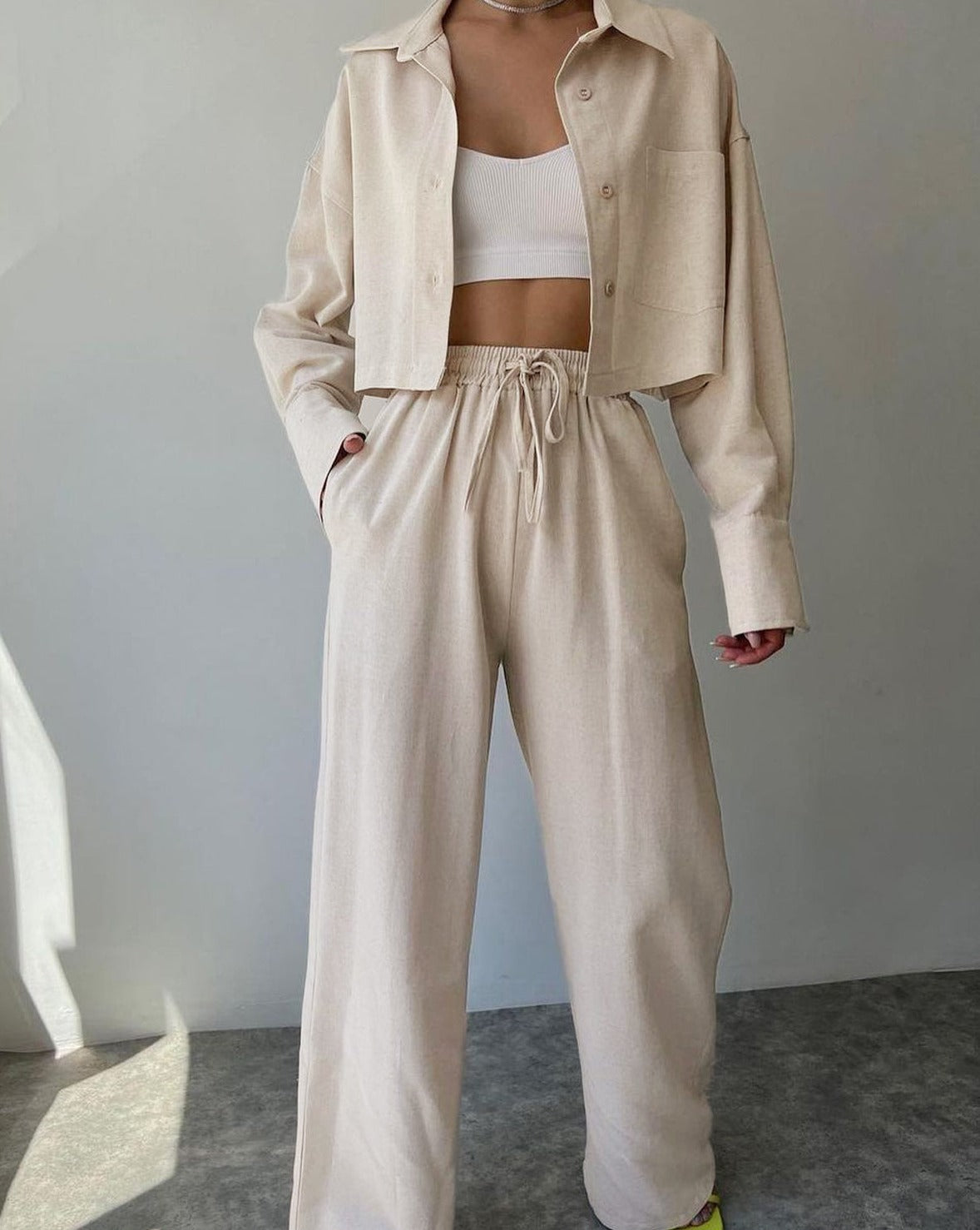 Collared Drawstring Two Piece Pants Set