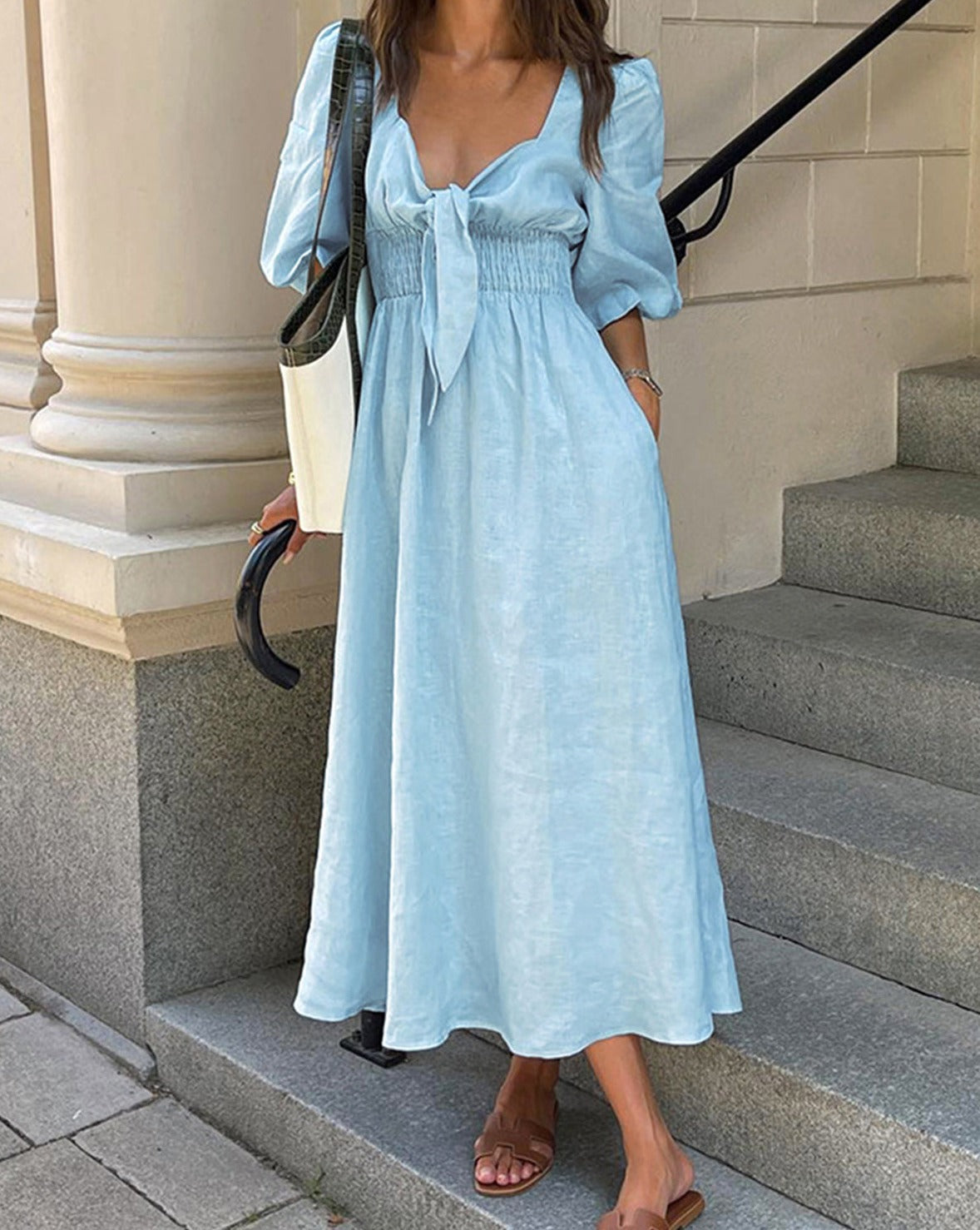 Linen Cotton Front Tie Midi Dress