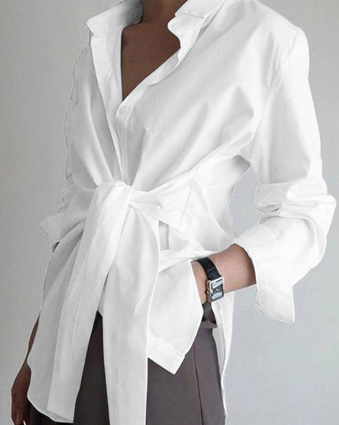 Button Down Tied Long Shirt White