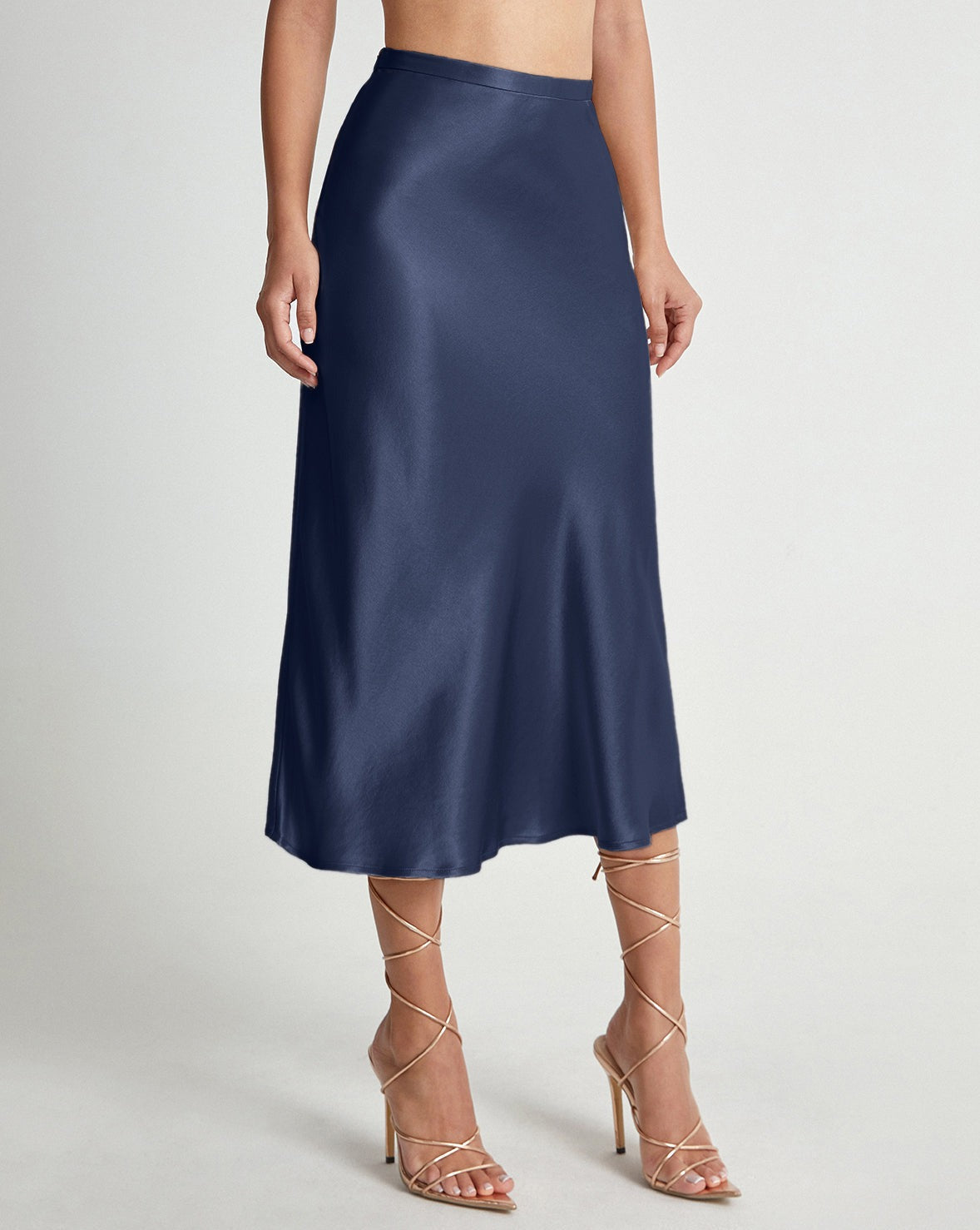 High Waisted Satin Flowy Midi Skirt NavyBlue M