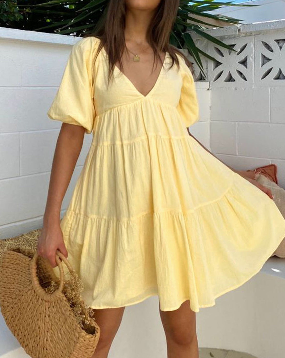 Sunshine Zippered Plunge Skater Short Dress Yellow