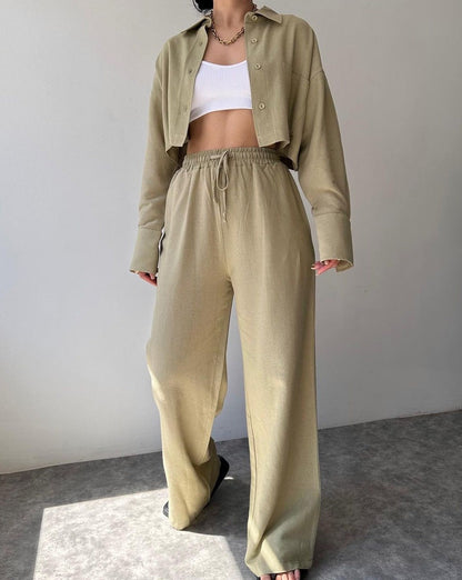 Collared Drawstring Two Piece Pants Set