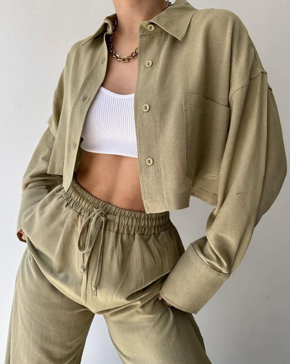 Collared Drawstring Two Piece Pants Set ArmyGreen