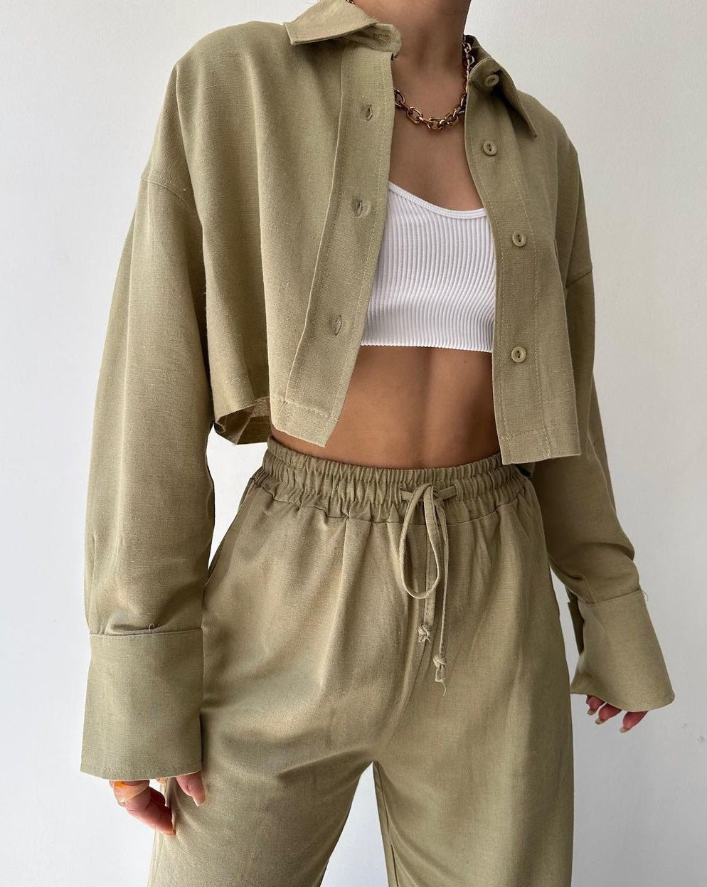 Collared Drawstring Two Piece Pants Set