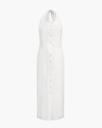 Tied Halter Open Back Cotton Linen Midi Dress