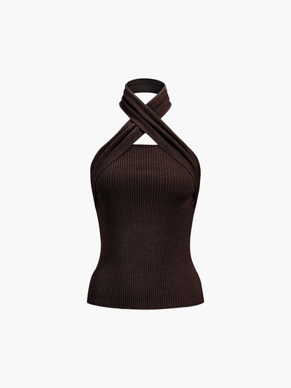 Chestnut Halter Rib Knit Top Dark Brown