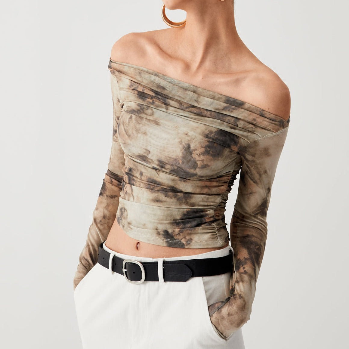 Terracotta Tulle Mesh Off Shoulder Long Sleeve Crop Top Khaki