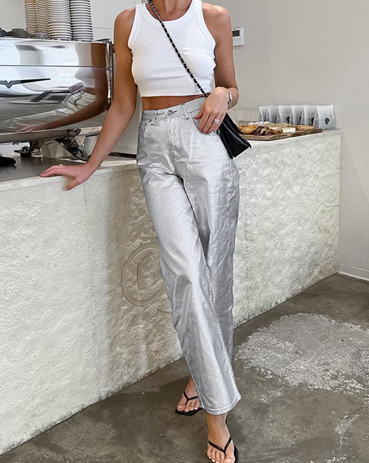 Metallic Leather Straight Leg Pants