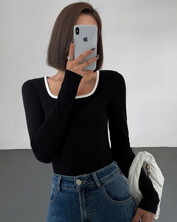 Sliver Lining Contrast Neckline Long Sleeve Top