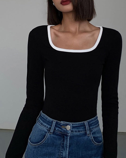 Sliver Lining Contrast Neckline Long Sleeve Top Black