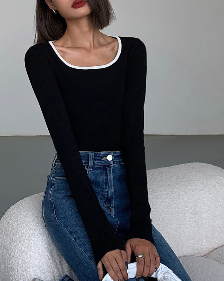 Sliver Lining Contrast Neckline Long Sleeve Top