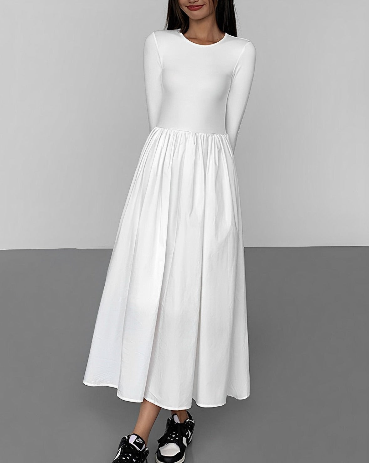 Leisure Pockets Long Sleeve Long Dress White