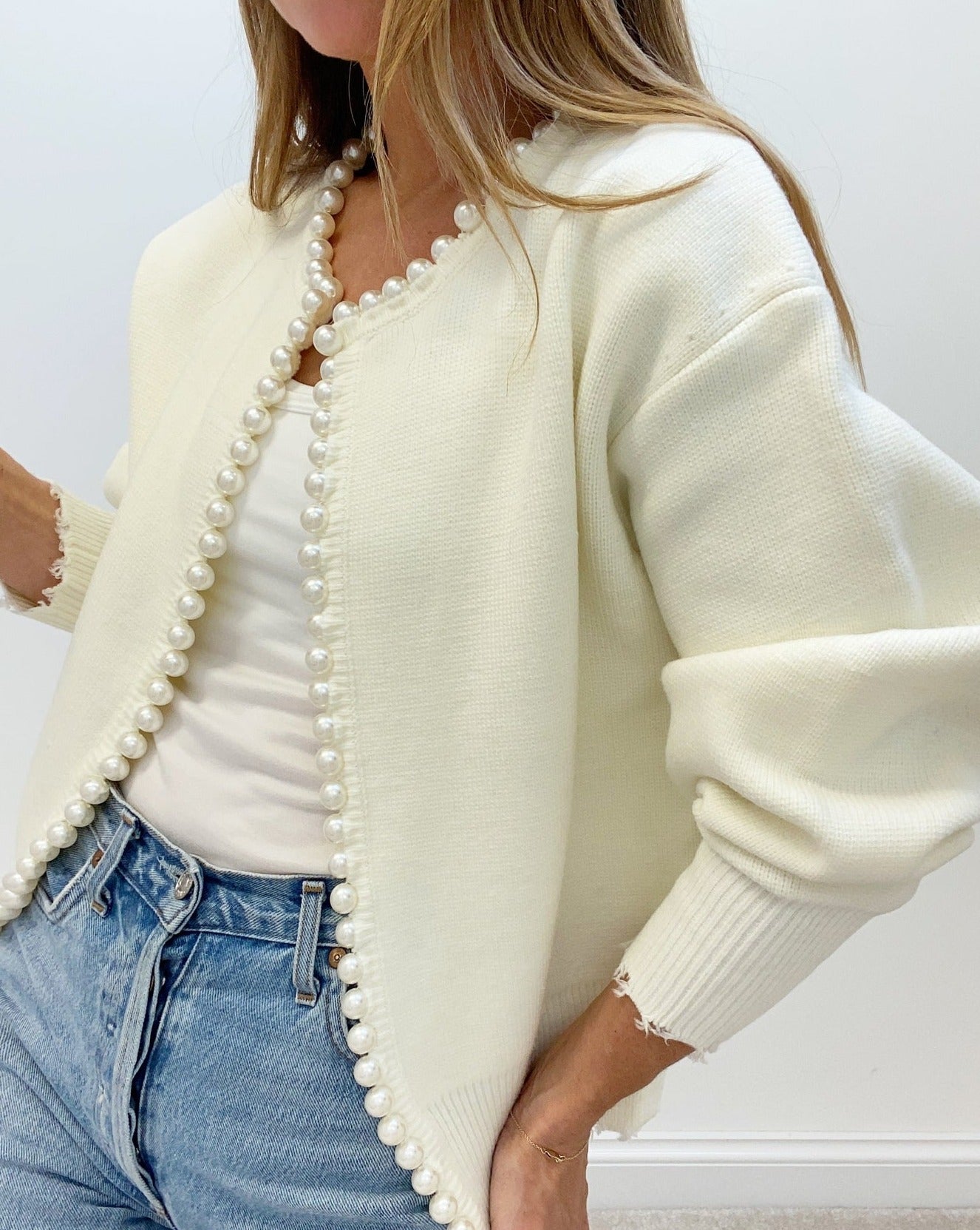 Pearl Trim Ripped Hem Cardigan