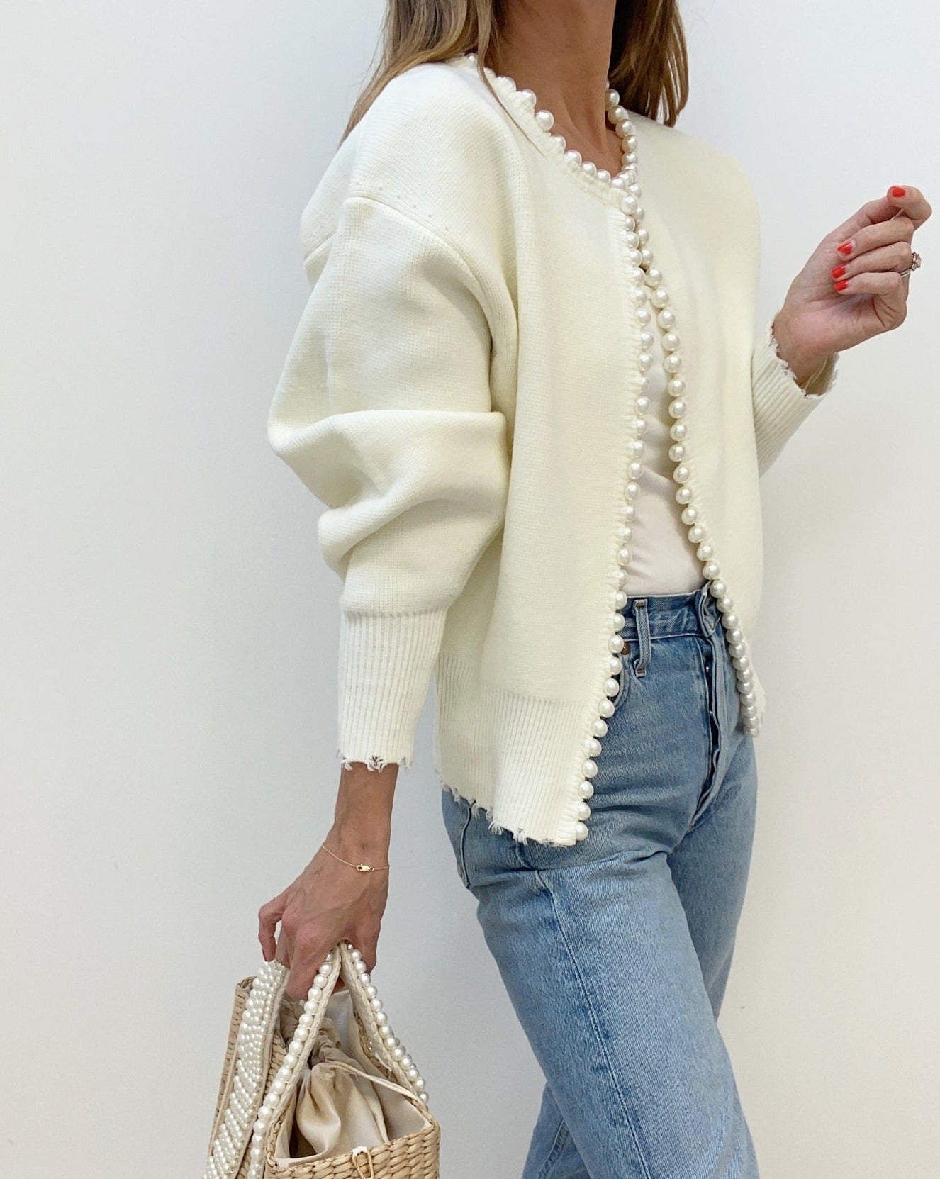 Pearl Trim Ripped Hem Cardigan