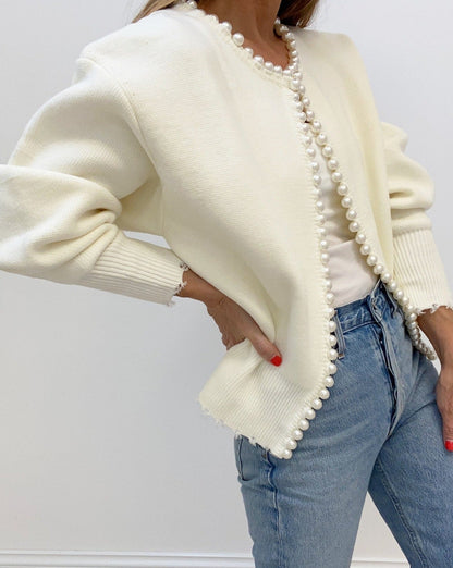 Pearl Trim Ripped Hem Cardigan