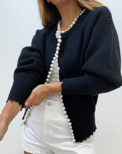 Pearl Trim Ripped Hem Cardigan Black