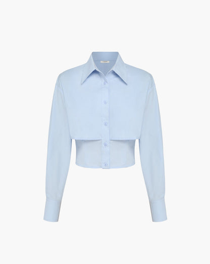 Baby Blue Open Collar Double Layer Crop Shirt Blue