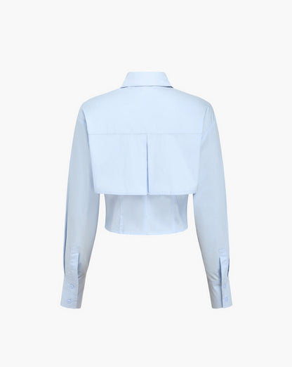 Baby Blue Open Collar Double Layer Crop Shirt