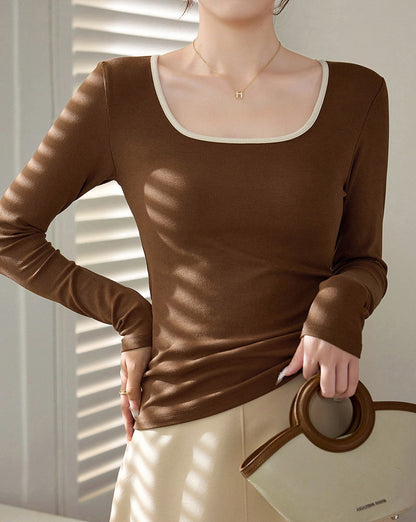 Sliver Lining Contrast Neckline Long Sleeve Top Brown