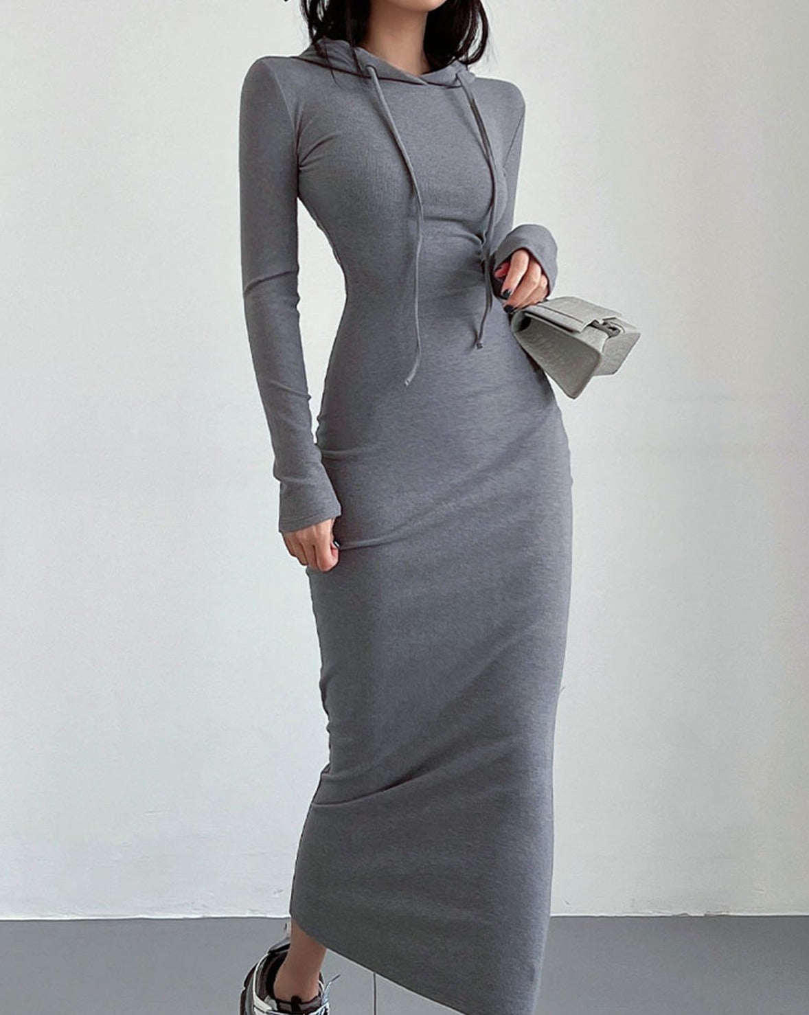 Drop Shoulder Drawstring Hooded Dress Grey