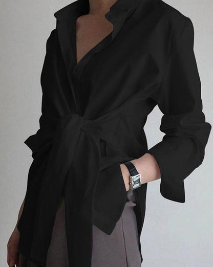 Button Down Tied Long Shirt Black