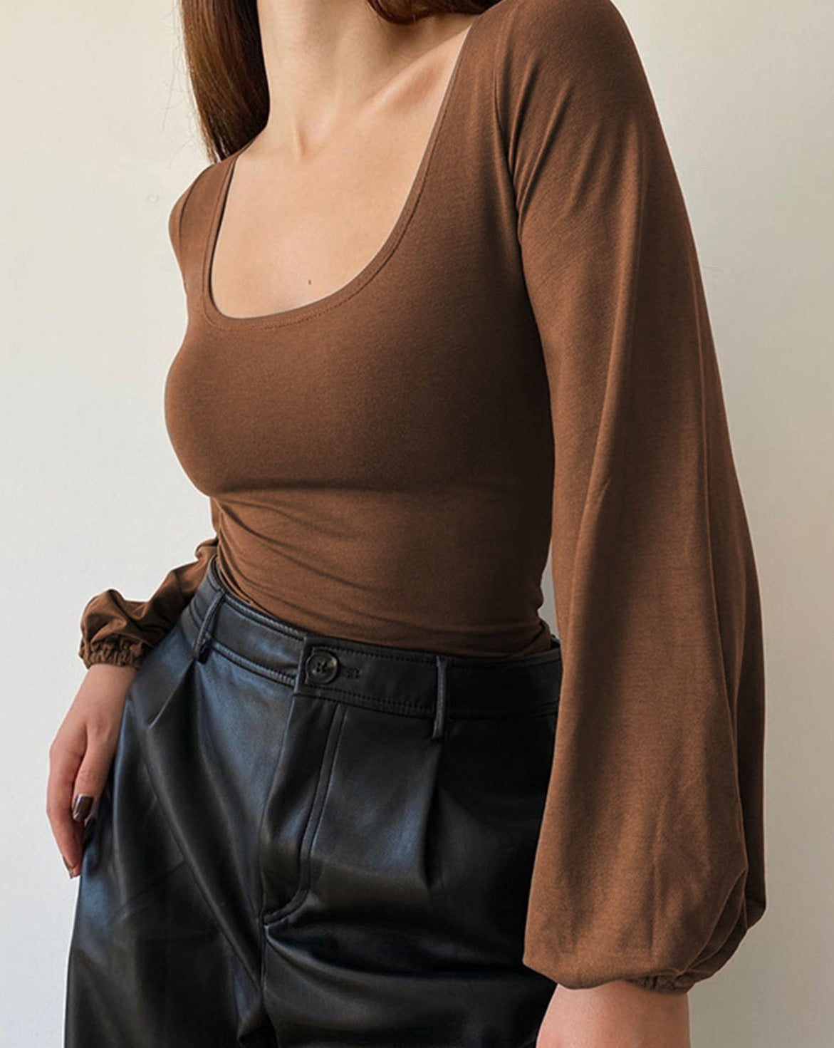 Puff Sleeve Square Neck Blouse Brown