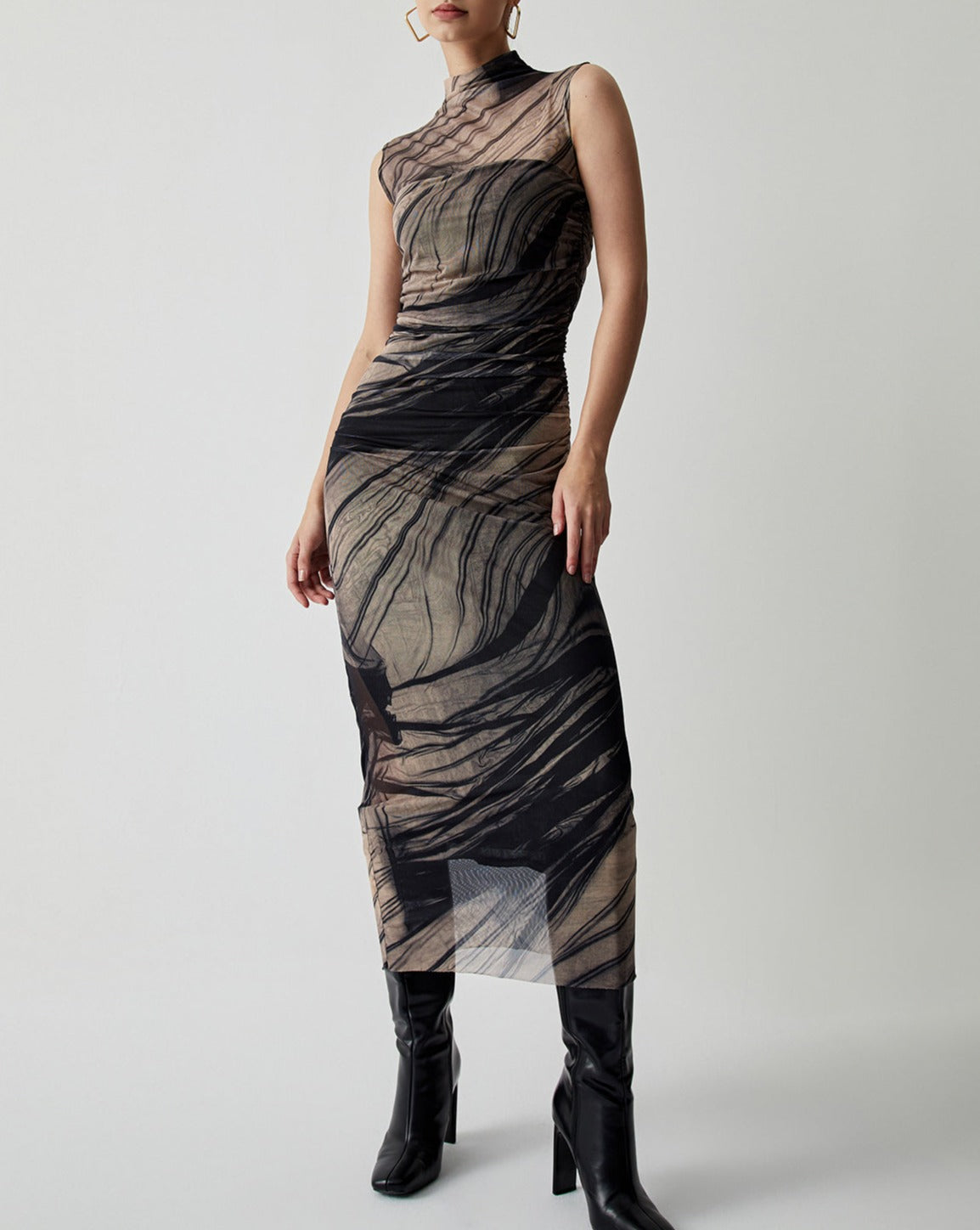 Ruched Tulle Mesh Mock Neck Long Dress Brown