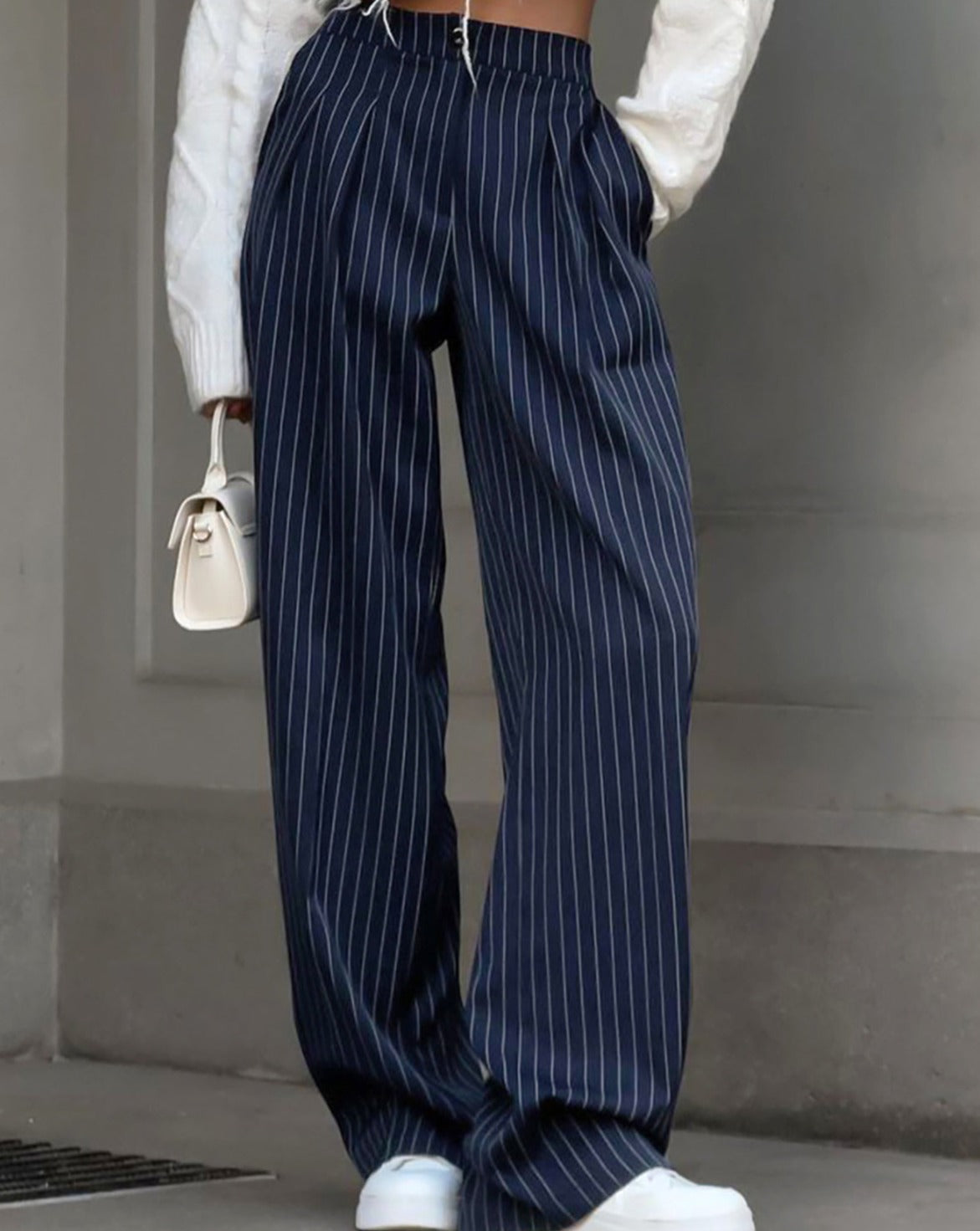 Pinstripe Pleated Wide Leg Dress Pants Navy