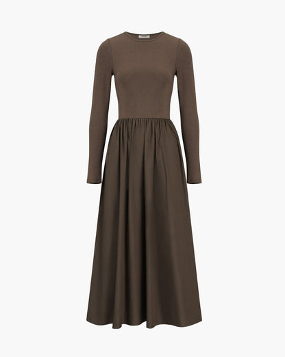 Leisure Pockets Long Sleeve Long Dress Light Brown