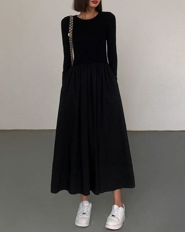 Leisure Pockets Long Sleeve Long Dress Black