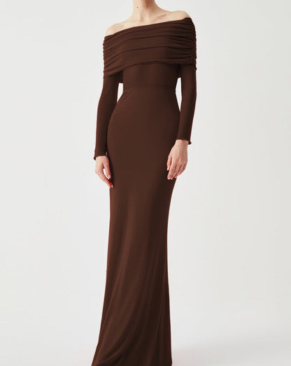 Overfold Off-Shoulder Mesh Long Sleeve Long Dress Dark Brown