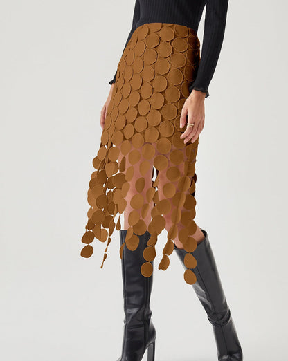 Laser Cut Multi Circle Double Layered Skirt Light Brown