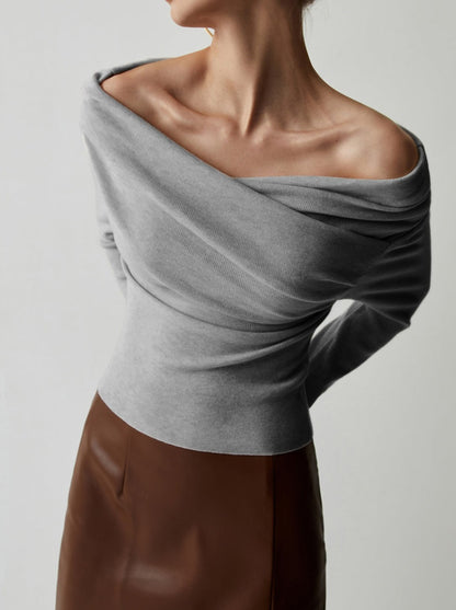 Off Shoulder Wrap Long Sleeve Knit Top Grey